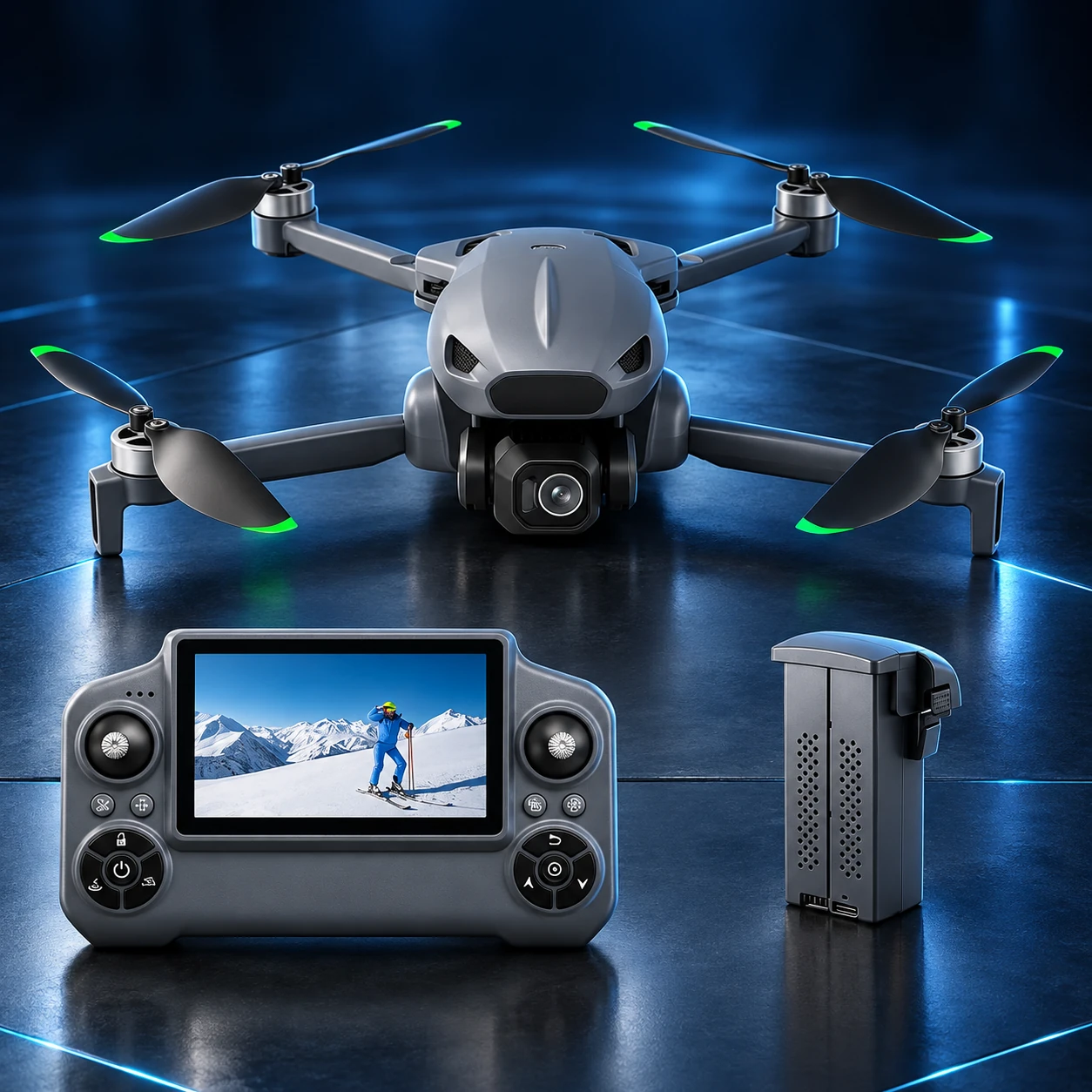 GT7 drone, screen controller and battery in a blue studio setting